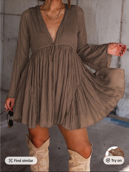 Dresses & Skirts - Boho V-Neck Long Sleeve Mini Dress in Taupe